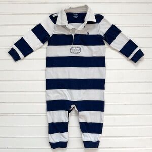 RALPH LAUREN VGUC Boys Navy Striped Rugby Style Romper